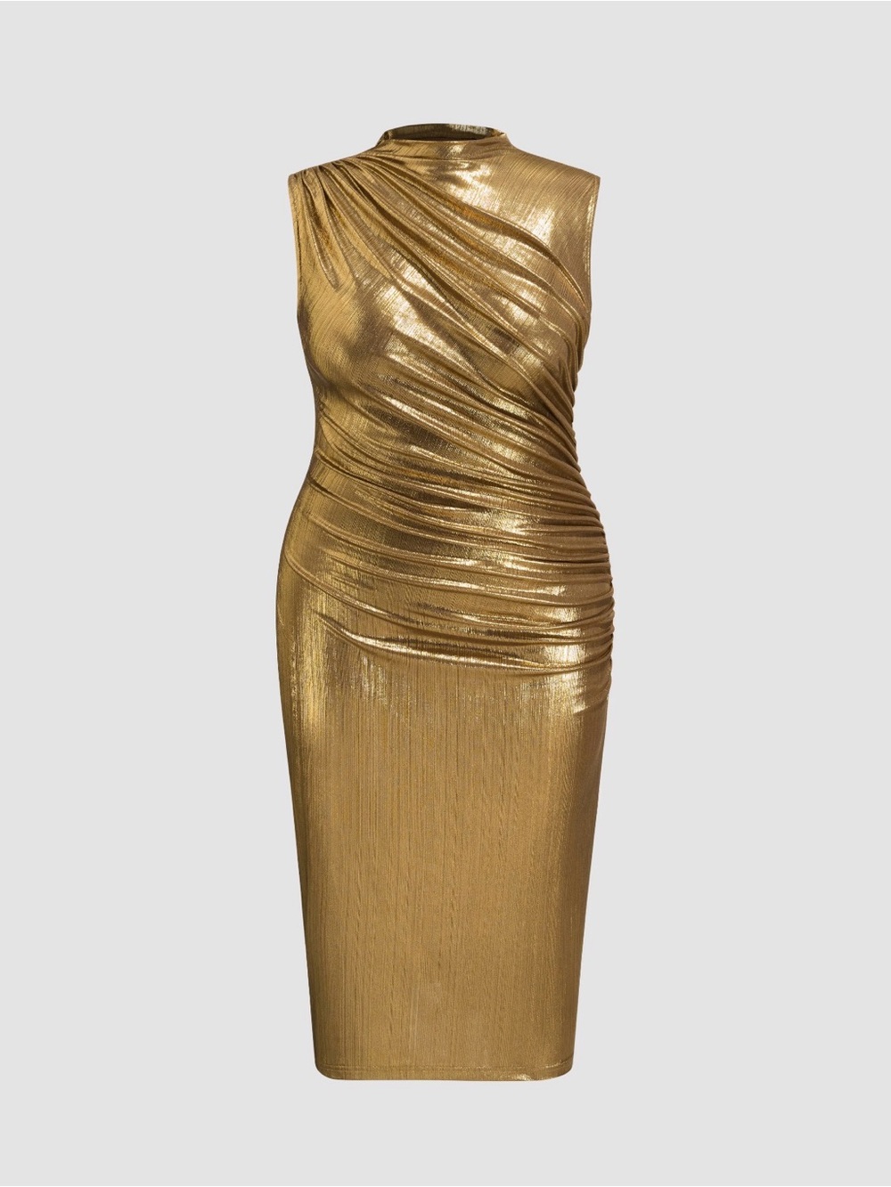 METALLIC STAND COLLAR SOLID RUCHED MIDI DRESS CURVE & PLUS SZ. 0XL